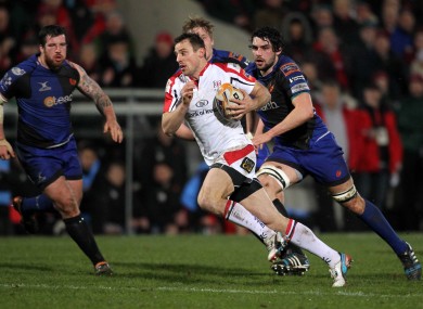 Tommy Bowe runs in his first try of the night for Ulster.