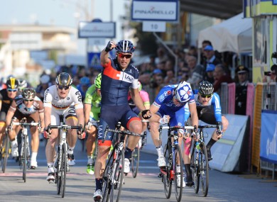 Team Iam's Matteo Pelucchi crosses the finish line to win stage 2 of Tirreno ahead of Ireland's Sam Bennett in fourth, far right.