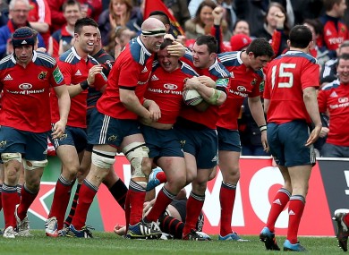 Dave Kilcoyne celebrates his try with Paul O'Connell.