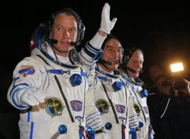 US astronaut Steven Swanson and Russian cosmonauts Alexander Skvortsov & Oleg Artemyev at the Baikonur cosmodrome, Kazakhstan.