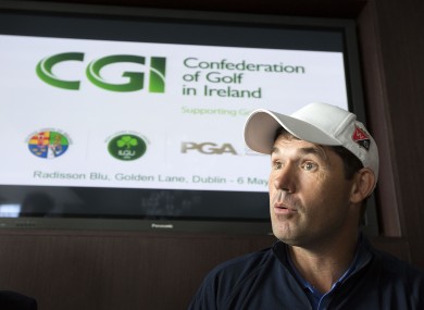 Pádraig Harrington, three-time Major winner is pictured at the unveiling of the new Development Plan from the Confederation of Golf in Ireland (CGI)