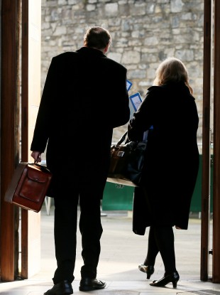 Chief Executive of REHAB, Angela Kerins (right) arrives at Leinster House today with John McGuire, Director of Fundraising at Rehab Group