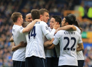 Manchester City's Edin Dzeko (centre) celebrates scoring his goal against Everton at the weekend.