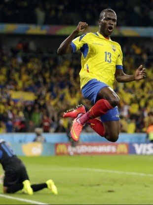 Enner Valencia, right, celebrates after scoring his side's first goal against Honduras.