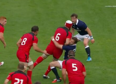 Jebb Sinclair barges Ruaridh Jackson aside.