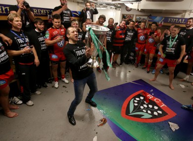 Boudjellal celebrates with the Toulon players after the 2014 Heineken Cup success.