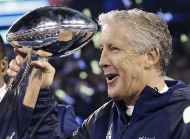 Seattle Seahawks coach Pete Carroll with the Super Bowl trophy.
