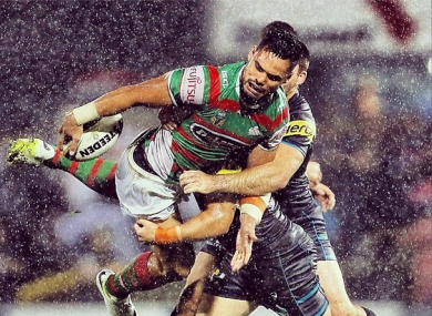 Ben Te'o ships a tackle as he tries to offload.