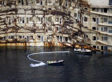 A partial view of the Costa Concordia as it lay off the coast of Giglio.