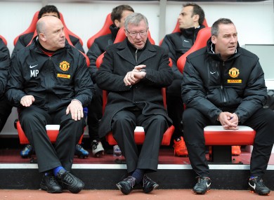 Meulensteen, right, with Alex Ferguson during a 2012 fixture against Sunderland.