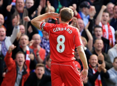 Liverpool's Steven Gerrard celebrates scoring his side's goal during the Merseyside Derby.