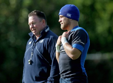 Matt O'Connor with Ian Madigan at Leinster training in UCD yesterday.