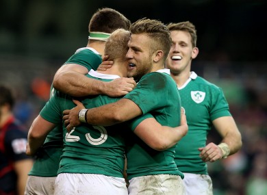 Ireland celebrate Stuart Olding's try against Georgia.
