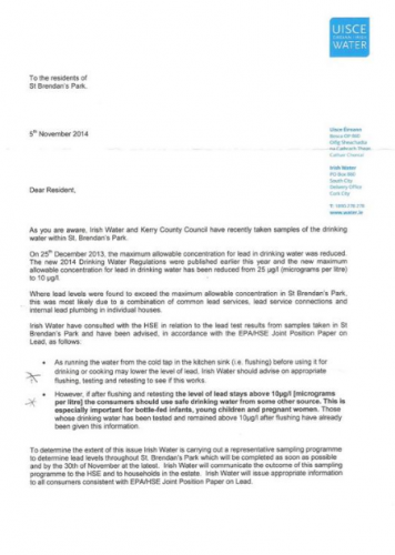 Letter from IW to residents Brendans Park(high lead levels)