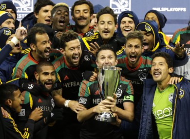 Keane and his Galaxy team-mates celebrate on Sunday night.