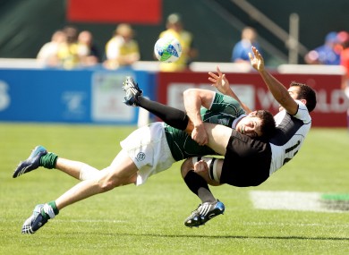 Felix Jones makes a crunching hit for Ireland at the 2009 Sevens World Cup.
