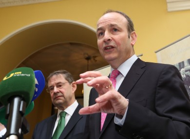 Éamon Ó Cuív and Micheál Martin at today's launch in Dublin.