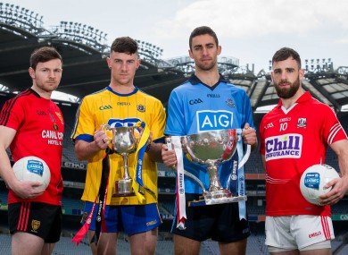 Donal O'Hare, Neil Collins, James McCarthy and Colm O'Driscoll at today's Allianz football league finals launch.