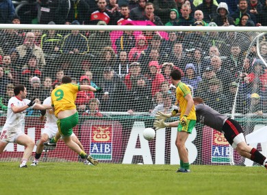 Martin McElhinney fires home a goal for Donegal against Tyrone.