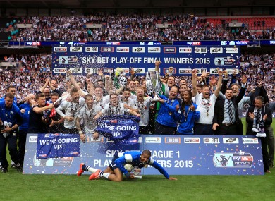 Preston North End lift the Sky Bet Play Off Final Trophy.