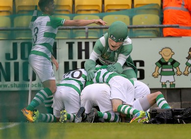 David Webster of Shamrock Rovers celebrates scoring the first goal of the game with team mates.