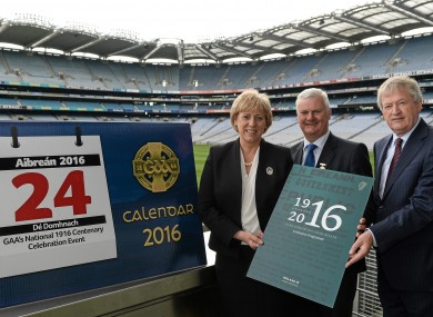 Minister Heather Humphreys, T.D, President of the GAA Aogán Ó Fearghail, centre and Director General Páraic Duffy.