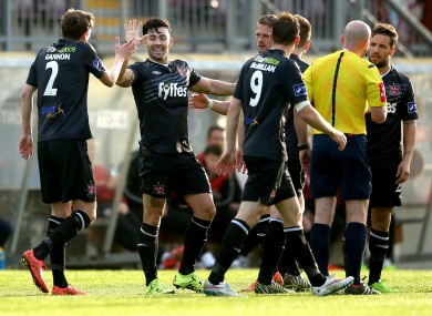 Dundalk’s Richie Towell celebrates scoring his sides first goal with Sean Gannon.