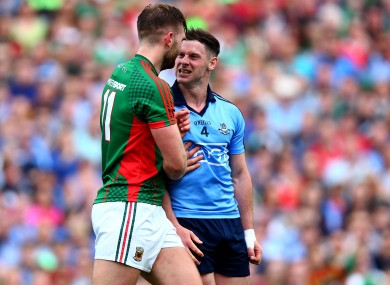 Philly McMahon and Aidan O'Shea square off during the drawn All-Ireland semi-final.