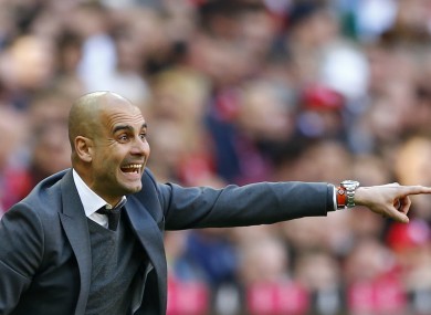 Pep Guardiola gestures during the German Bundesliga match between FC Bayern Munich and Borussia Moenchengladbach at the Allianz Arena stadium.