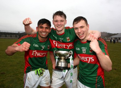 Mayo's Shairoze Adram, Matthew Ruane and Michael Plunkett celebrate.