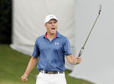 Jordan Spieth celebrates his birdie on the 16th.