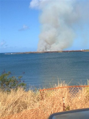 In this photo provided by Ryan Richardson, plumes of smoke are seen from Port Allen Harbor across an inlet after a plane crashes just outside Port Allen Airport on the island of Kauai.