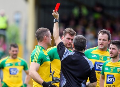 Neil McGee sees red for Donegal against Fermanagh.