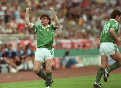 Ray Houghton celebrates scoring against England.