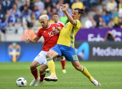 Ibrahimovic up against Wales' Aaron Ramsey in a recent friendly.