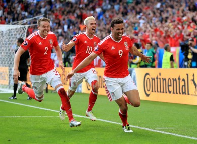 Wales' Hal Robson-Kanu (right) celebrates scoring his side's second goal.