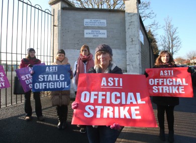 Nuala Walker (centre) a teacher from St Mary`s Secondy School Glasnevin Dublin outside the school with fellow teachers during a one day strike against reform of the Junior Cycle last year.