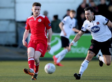 Craig Walsh (left) pictured up against Richie Towell during a 2015 FAI Cup match between Dundalk and Shelbourne.