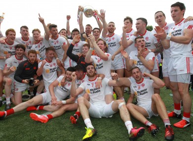 Tyrone players pictured celebrating their Ulster final win.