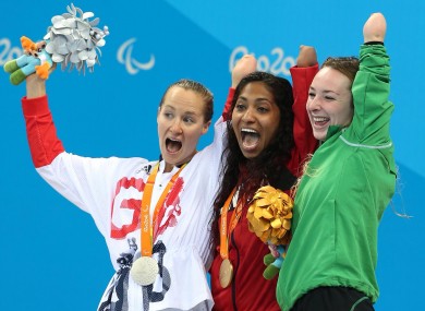 Keane, far right, celebrates with SB8 breaststroke silver medallist Claire Cashmore and gold medallist Katarina Roxon.