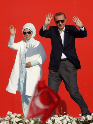Turkish President Recep Tayyip Erdogan and his wife Emine during an Istanbul rally in August.
