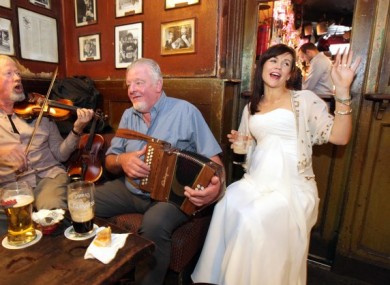 Bride Kaniah Cusack after her wedding to Matthew Farrell in O'Donoghue's pub on Baggot St, Dublin. (September 2015)
