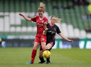 Shelbourne's Siobhan Killeen (left) and Ruth Fahy of Wexford Youths (right) pictured during last season's FAI Cup final.