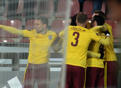 Sparta Prague players celebrate a Europa League against Southampton
