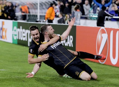Just Europa: Benson, left, and Kilduff celebrate the famous winner against Maccabi.