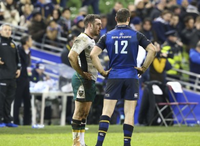 JJ Hanrahan and Robbie Henshaw have a word during Saturday's match.
