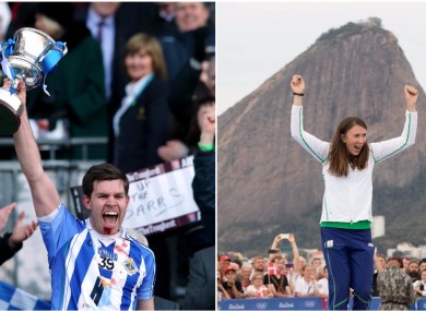 Darragh Nelson (left) lifts the Andy Merrigan Cup in March and Annalise Murphy celebrates on the podium in Rio.