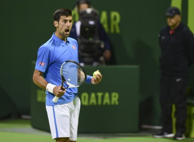 Novak Djokovic of Serbia reacts during his Qatar Open 2017 final tennis match against Britain's Andy Murray.