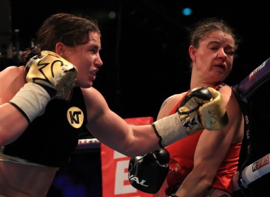 Katie Taylor and Milena Koleva during the Super-featherweight bout at Manchester Arena.