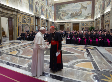 Pope Francis speaks with Cardinal Gianfranco Ravasi, President of the Pontifical Council for Culture, on the occasion of an audience with the participants of an international meeting on sacred music.